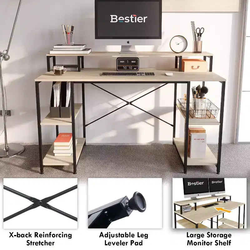 Scrivanie per computer da 55'' con libreria reversibile, scrivania da lavoro in piedi per ufficio domestico/studio/gaming