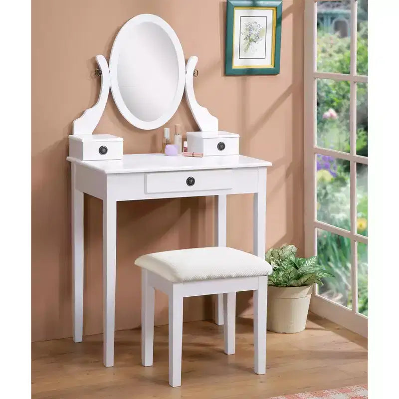 Toeletta e Sgabello in Legno Bianco, Bianco