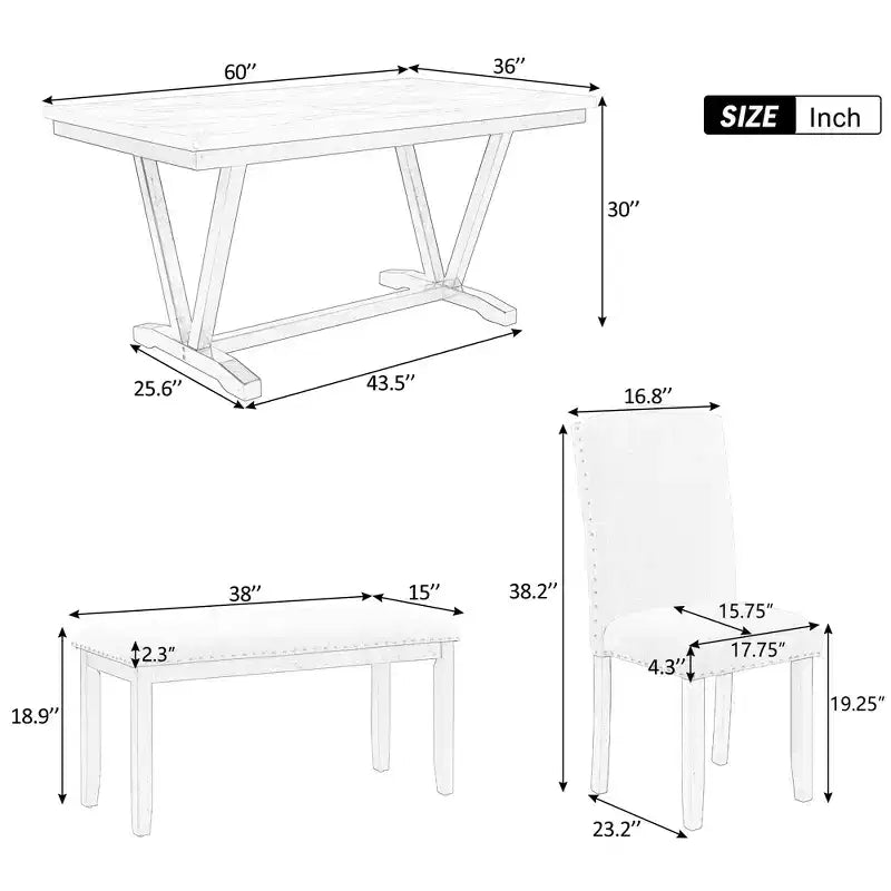 Set da Pranzo Moderno a 6 Pezzi con 4 Sedie, 1 Panchina e Tavolo con Piano in Impiallacciatura Effetto Marmo - Bianco
