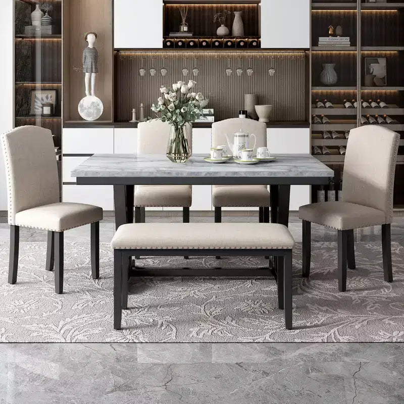Set da Pranzo Moderno a 6 Pezzi con 4 Sedie, 1 Panchina e Tavolo con Piano in Impiallacciatura Effetto Marmo - Bianco