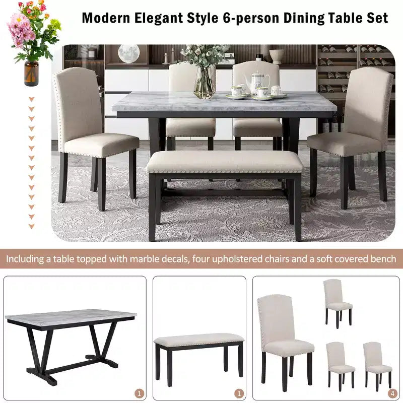 Set da Pranzo Moderno a 6 Pezzi con 4 Sedie, 1 Panchina e Tavolo con Piano in Impiallacciatura Effetto Marmo - Bianco