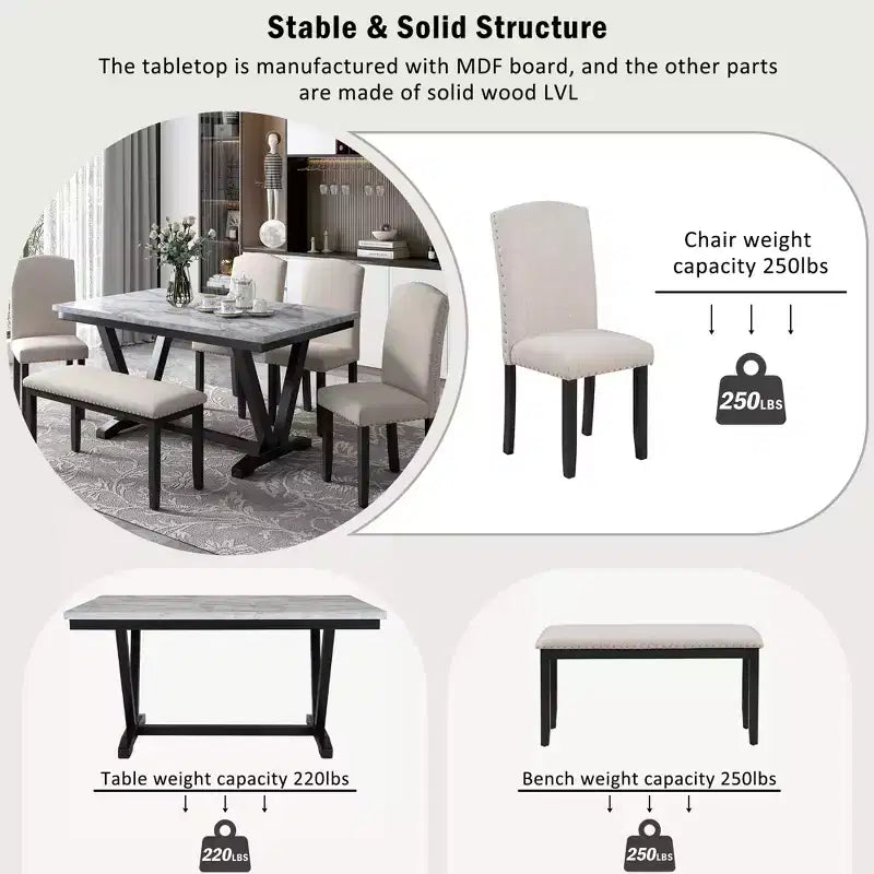 Set da Pranzo Moderno a 6 Pezzi con 4 Sedie, 1 Panchina e Tavolo con Piano in Impiallacciatura Effetto Marmo - Bianco