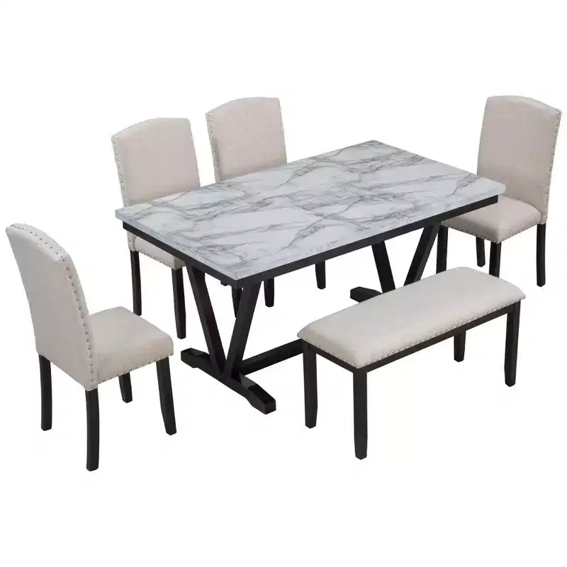 Set da Pranzo Moderno a 6 Pezzi con 4 Sedie, 1 Panchina e Tavolo con Piano in Impiallacciatura Effetto Marmo - Bianco