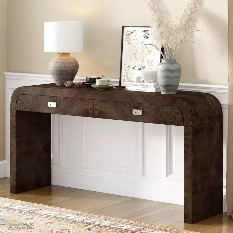 Consolle ad arco con cassetti, Tavolo da ingresso minimalista in legno con cassetti per ingresso