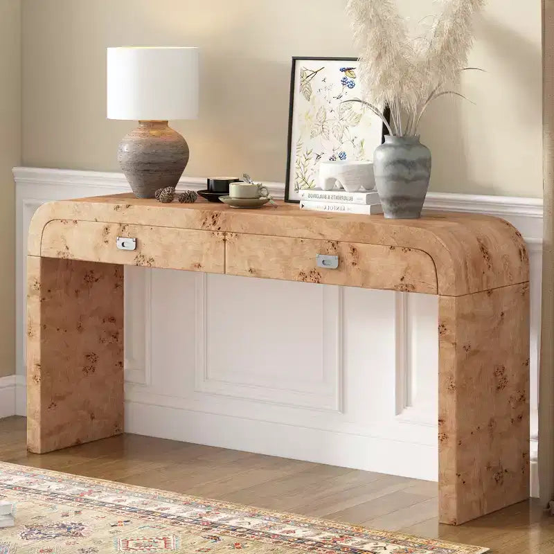 Consolle ad arco con cassetti, Tavolo da ingresso minimalista in legno con cassetti per ingresso