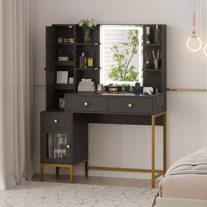 Toeletta Trucco con Specchio Illuminato Luci a 3 Colori Stazione di Ricarica Armadietto a Vista Tavolino da Trucco Nero Camera da Letto
