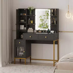 Toeletta Trucco con Specchio Illuminato Luci a 3 Colori Stazione di Ricarica Armadietto a Vista Tavolino da Trucco Nero Camera da Letto