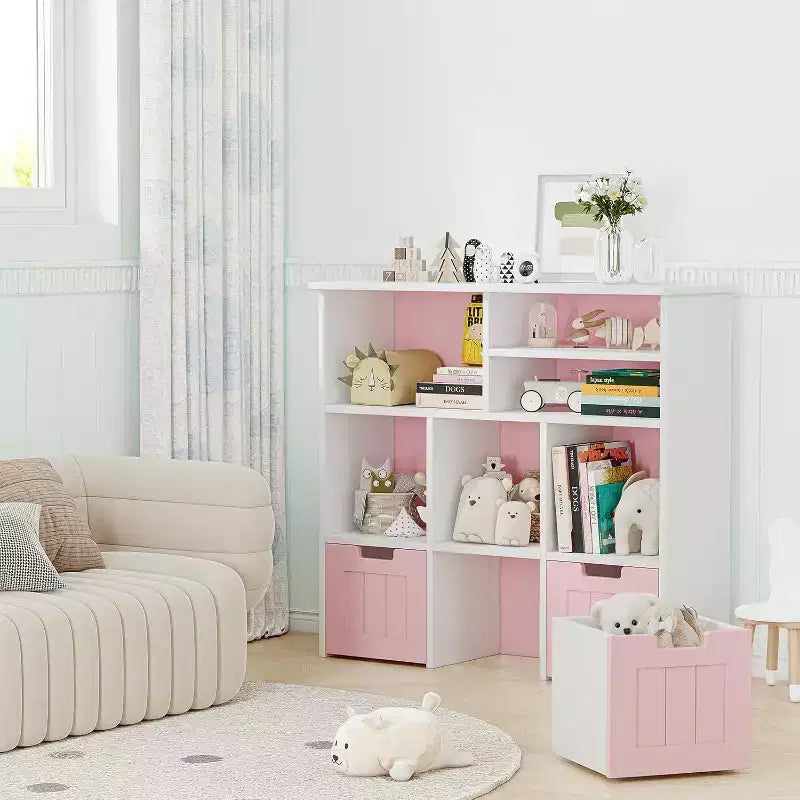 Organizer per Giocattoli Scaffale per Libri per Bambini con 3 Cassetti Mobili, Mobile Libreria per Bambini per Camera da Letto, Sala Giochi, Asilo Nido (Rosa Bianco), Facile da Montare