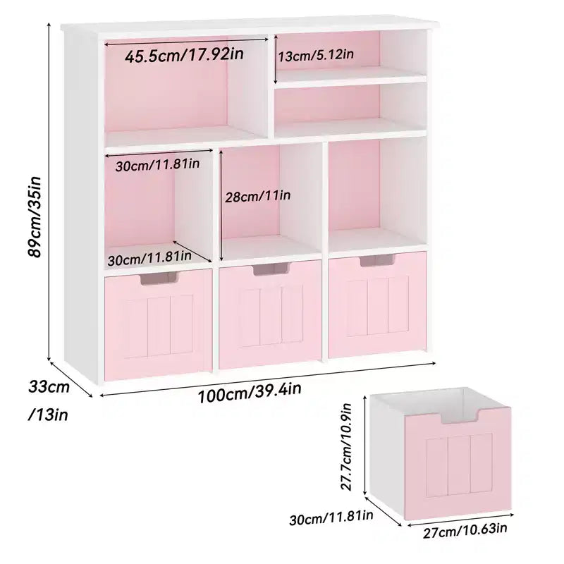 Organizer per Giocattoli Scaffale per Libri per Bambini con 3 Cassetti Mobili, Mobile Libreria per Bambini per Camera da Letto, Sala Giochi, Asilo Nido (Rosa Bianco), Facile da Montare