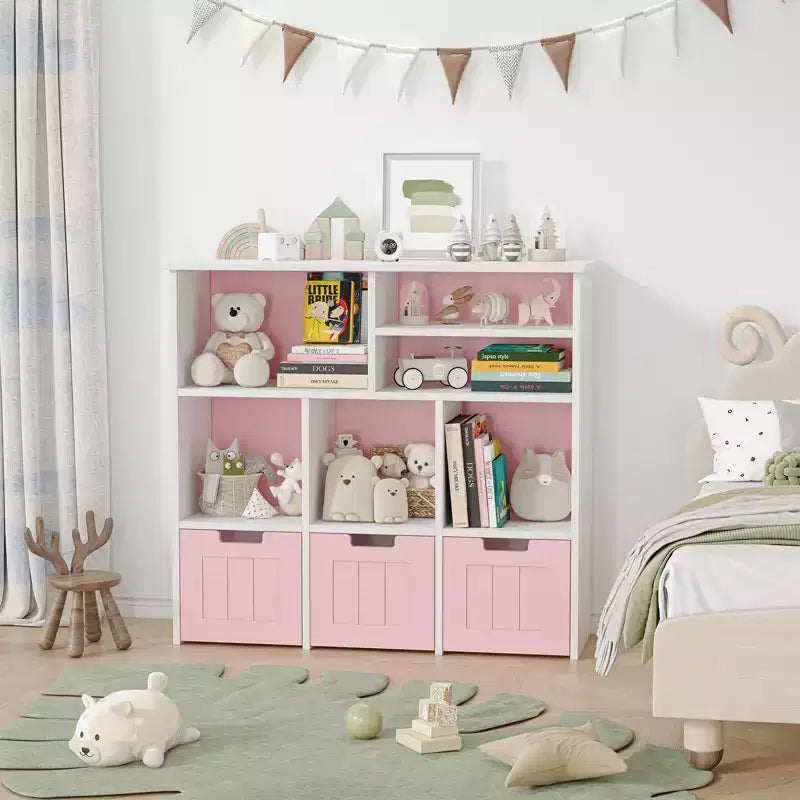 Organizer per Giocattoli Scaffale per Libri per Bambini con 3 Cassetti Mobili, Mobile Libreria per Bambini per Camera da Letto, Sala Giochi, Asilo Nido (Rosa Bianco), Facile da Montare