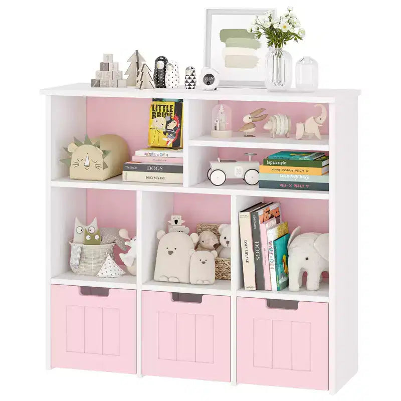 Organizer per Giocattoli Scaffale per Libri per Bambini con 3 Cassetti Mobili, Mobile Libreria per Bambini per Camera da Letto, Sala Giochi, Asilo Nido (Rosa Bianco), Facile da Montare