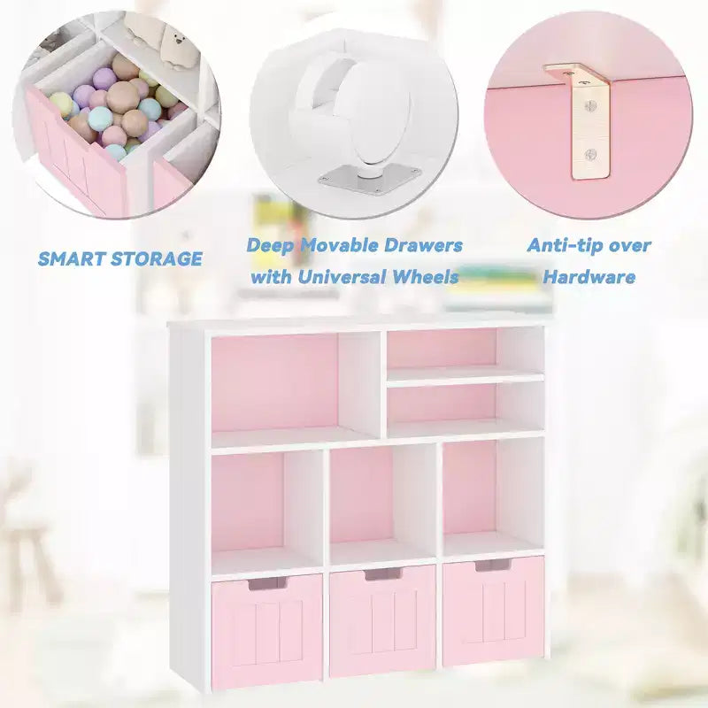 Organizer per Giocattoli Scaffale per Libri per Bambini con 3 Cassetti Mobili, Mobile Libreria per Bambini per Camera da Letto, Sala Giochi, Asilo Nido (Rosa Bianco), Facile da Montare