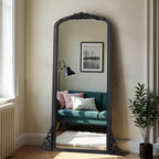 Specchio a figura intera ad angolo retto con micro arco intagliato in legno massiccio nero da 69x30 pollici (senza staffa)