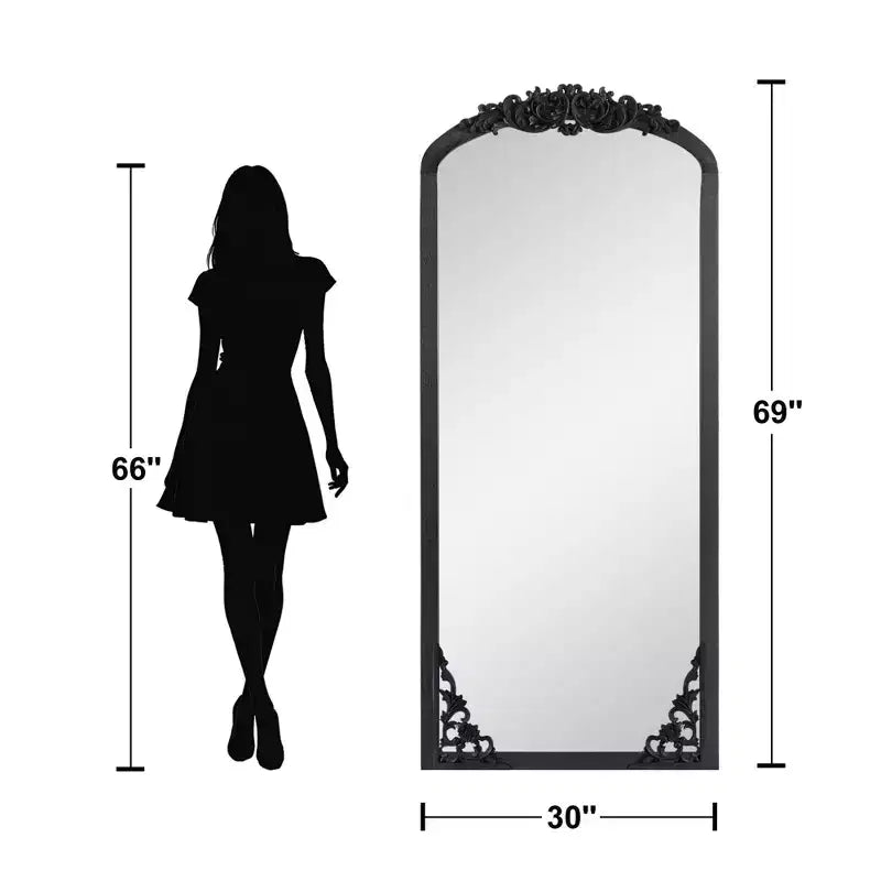 Specchio a figura intera ad angolo retto con micro arco intagliato in legno massiccio nero da 69x30 pollici (senza staffa)