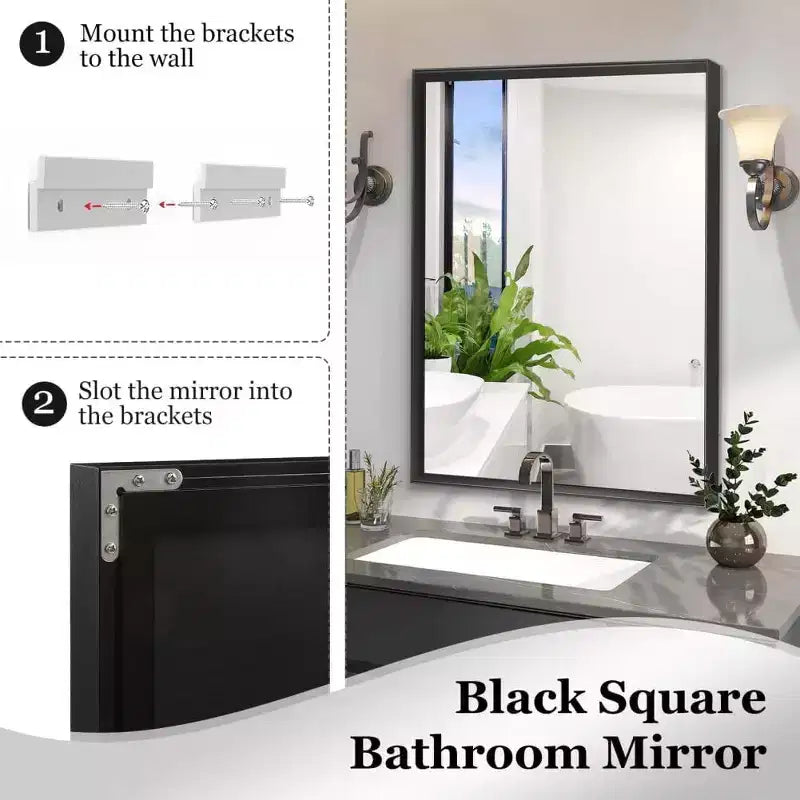 Specchio da bagno con cornice nera 40 x 30 pollici, specchio da parete rettangolare con vetro flottante e cornice in alluminio spazzolato, montaggio verticale o orizzontale