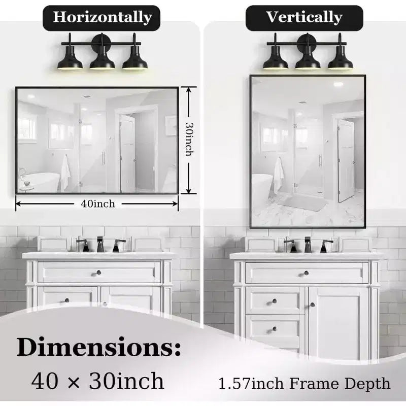 Specchio da bagno con cornice nera 40 x 30 pollici, specchio da parete rettangolare con vetro flottante e cornice in alluminio spazzolato, montaggio verticale o orizzontale