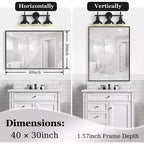 Specchio da bagno con cornice nera 40 x 30 pollici, specchio da parete rettangolare con vetro flottante e cornice in alluminio spazzolato, montaggio verticale o orizzontale
