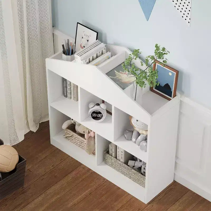 Libreria per bambini con tetto, organizzatore portaoggetti a 5 cubi con ripiano superiore, libreria moderna per sala giochi, camera da letto, aula, 89 x 89 x 30 cm