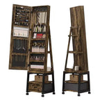 66 Full Length Mirror Jewelry Cabinet, Lockable Standing Armoire Organizer with Storage Drawer, Back Shelf, 360 Swivel Base & Wheels