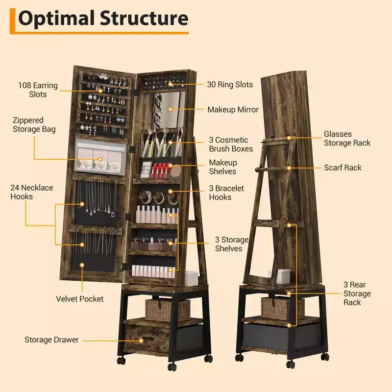 Armadietto Portagioie a Specchio a Figura Intera da 66", Organizzatore Verticale con Serratura e Cassetto Portaoggetti, Mensola Posteriore, Base Girevole a 360° e Ruote