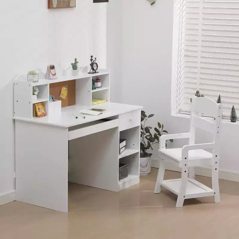 Set Scrivania Studio per Bambini con Bacheca, Cassetto Tastiera e Contenitore - Tavolo e Sedia per l'Apprendimento per Bambini dai 3 agli 8 Anni