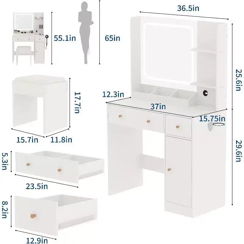 Set toeletta trucco con cassetti portaoggetti, ripiani, armadietto e sedia, 3 modalità di illuminazione e luminosità regolabile, tavolino da trucco per camera da letto
