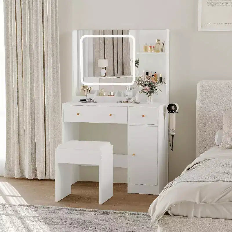 Set toeletta trucco con cassetti portaoggetti, ripiani, armadietto e sedia, 3 modalità di illuminazione e luminosità regolabile, tavolino da trucco per camera da letto