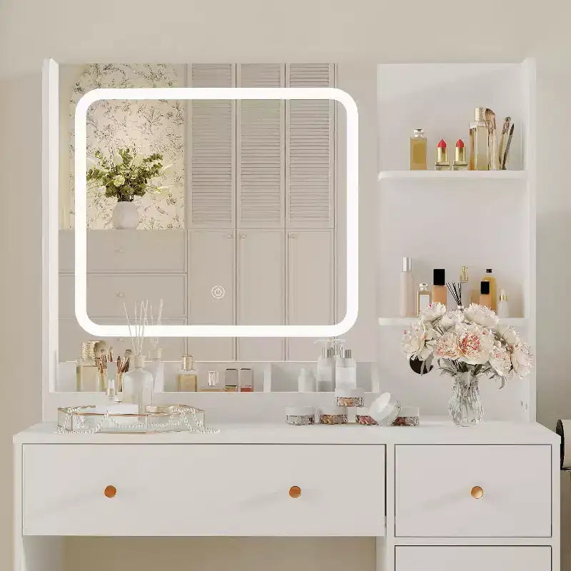 Set toeletta trucco con cassetti portaoggetti, ripiani, armadietto e sedia, 3 modalità di illuminazione e luminosità regolabile, tavolino da trucco per camera da letto