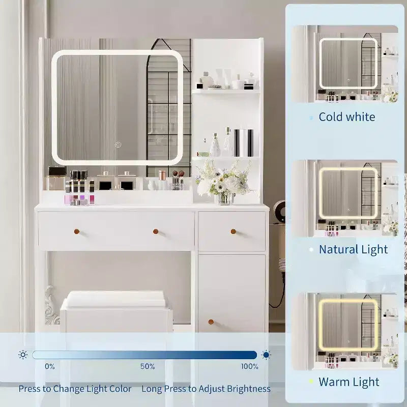 Set toeletta trucco con cassetti portaoggetti, ripiani, armadietto e sedia, 3 modalità di illuminazione e luminosità regolabile, tavolino da trucco per camera da letto