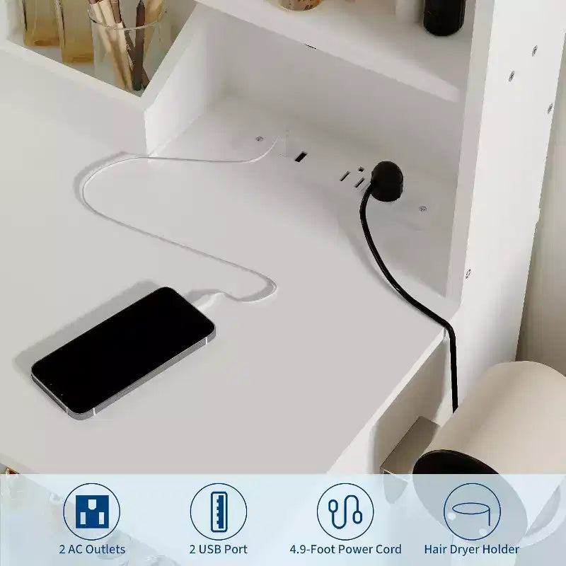 Set toeletta trucco con cassetti portaoggetti, ripiani, armadietto e sedia, 3 modalità di illuminazione e luminosità regolabile, tavolino da trucco per camera da letto