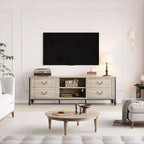 Mobile TV moderno di metà secolo da 70 pollici con contenitore, centro di intrattenimento con colonne romane in metallo e cassetti, tavolo console TV per soggiorno