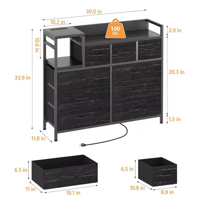 Comò a 9 cassetti per camera da letto con supporto TV | Multifunzionale con stazione di ricarica integrata, cassettiera alta per organizzazione dell'armadio, appartamenti