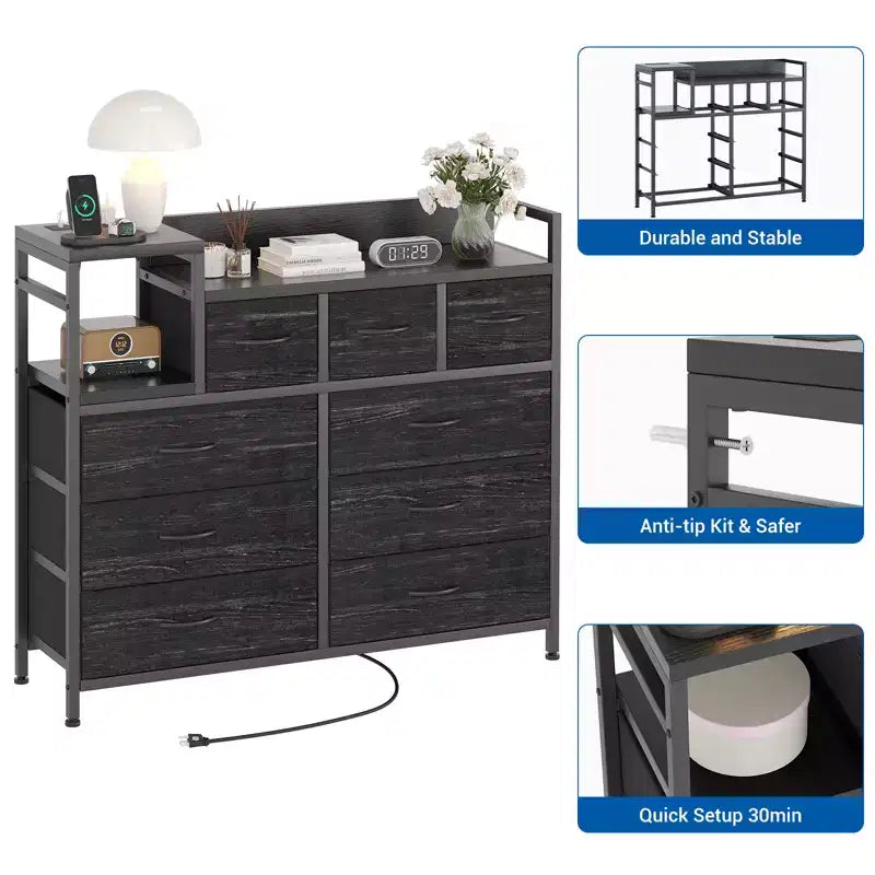 Comò a 9 cassetti per camera da letto con supporto TV | Multifunzionale con stazione di ricarica integrata, cassettiera alta per organizzazione dell'armadio, appartamenti