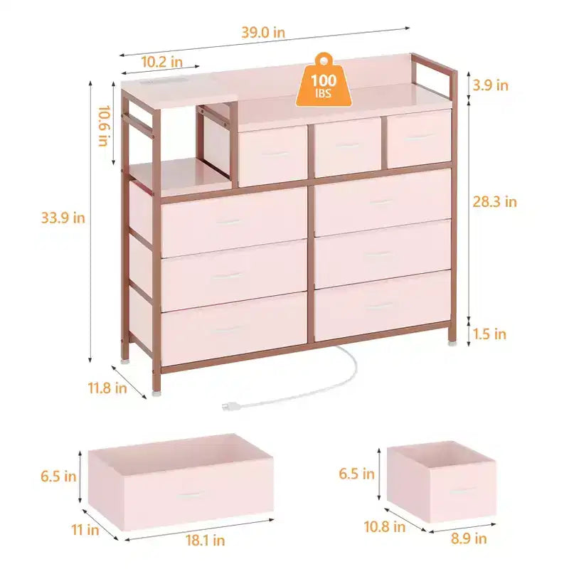 Comò a 9 cassetti per camera da letto con supporto TV | Multifunzionale con stazione di ricarica integrata, cassettiera alta per organizzazione dell'armadio, appartamenti