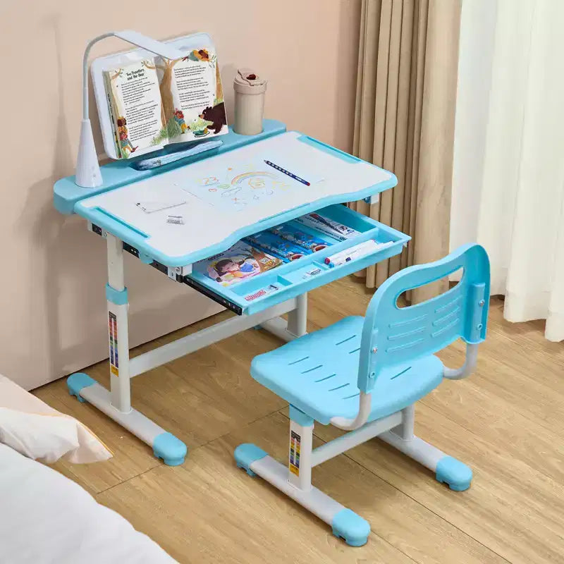 Set sedia e scrivania per bambini, scrivania e sedia da studio con lampada da tavolo, altezza regolabile e piano inclinabile da 0 a 40° per bambini, blu
