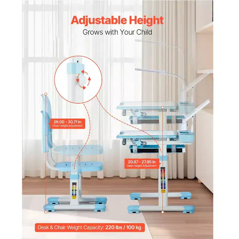 Set sedia e scrivania per bambini, scrivania e sedia da studio con lampada da tavolo, altezza regolabile e piano inclinabile da 0 a 40° per bambini, blu