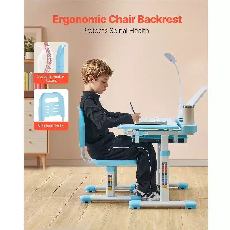 Set sedia e scrivania per bambini, scrivania e sedia da studio con lampada da tavolo, altezza regolabile e piano inclinabile da 0 a 40° per bambini, blu
