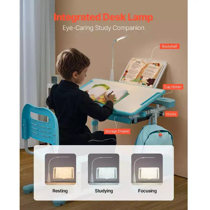 Set sedia e scrivania per bambini, scrivania e sedia da studio con lampada da tavolo, altezza regolabile e piano inclinabile da 0 a 40° per bambini, blu