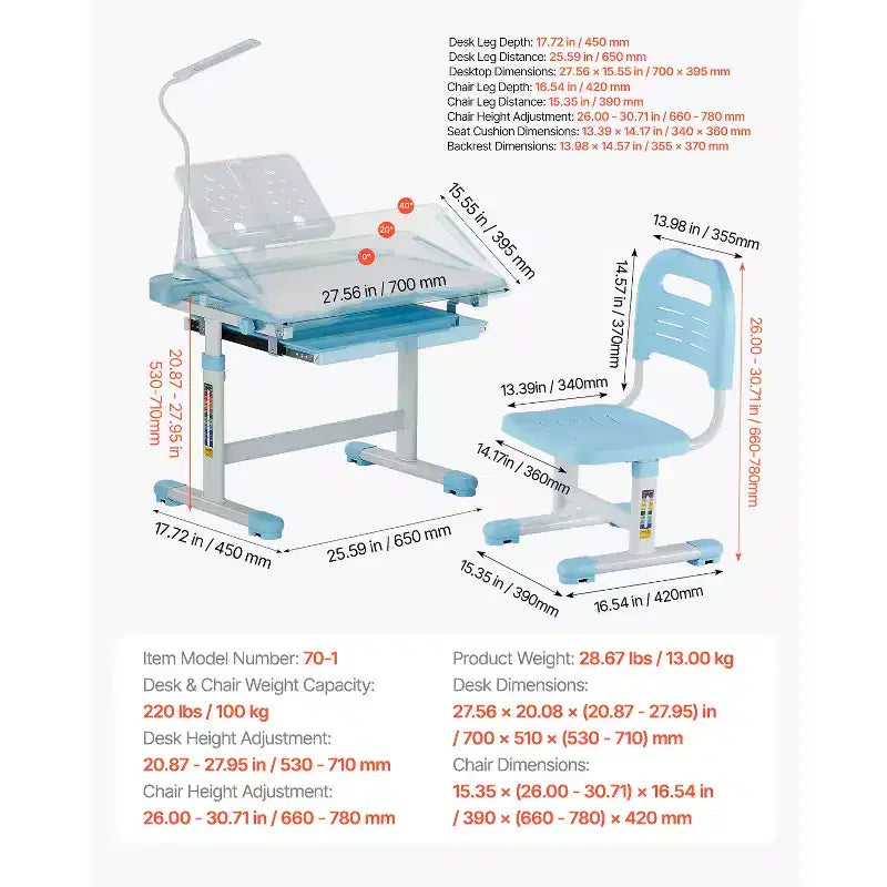 Set sedia e scrivania per bambini, scrivania e sedia da studio con lampada da tavolo, altezza regolabile e piano inclinabile da 0 a 40° per bambini, blu