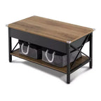 Adjustable Side X-shaped Metal Frame Rectangular P2 Board Brown Panel Black Wood Grain Side Panel Coffee Table