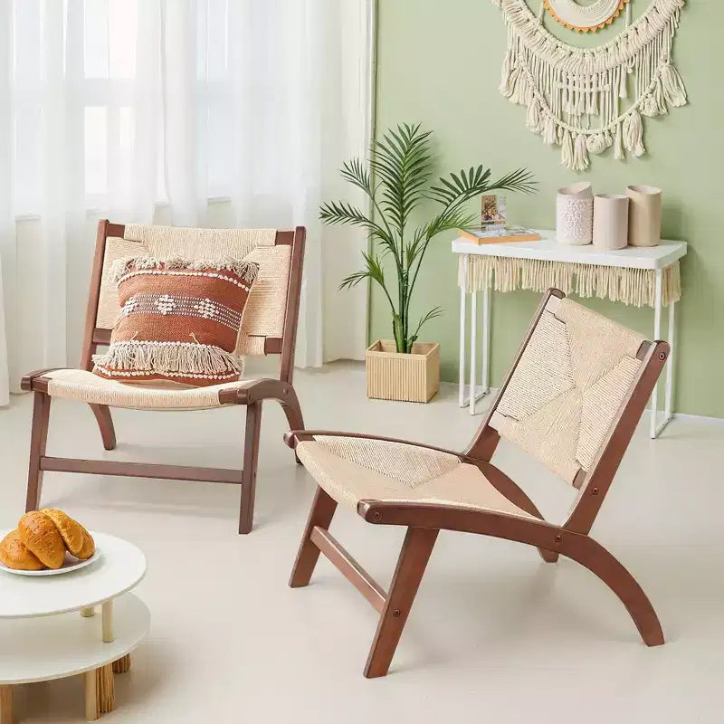 Sedia moderna d'accento in stile bohémien - Legno di faggio scandinavo, seduta e schienale in iuta intrecciata (Ambra chiaro-Beige)