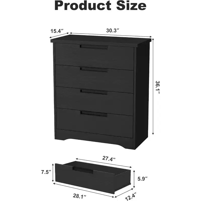 Comò moderno a 4 cassetti con maniglie integrate, cassetti scorrevoli e design anti-ribaltamento, cassettiera in legno per cameretta, camera da letto, soggiorno