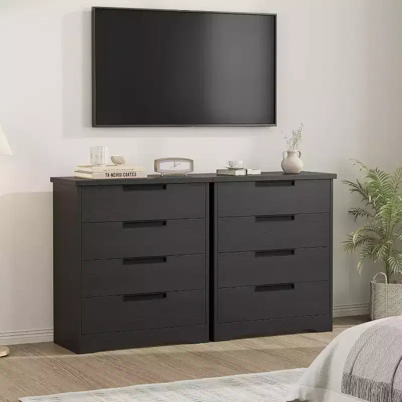 Comò moderno a 4 cassetti con maniglie integrate, cassetti scorrevoli e design anti-ribaltamento, cassettiera in legno per cameretta, camera da letto, soggiorno