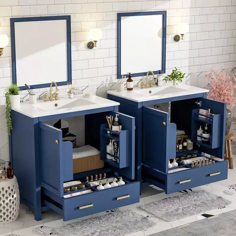 Mobile bagno a doppia lavabo 48 Vintage, con ante a chiusura ammortizzata e ripiano