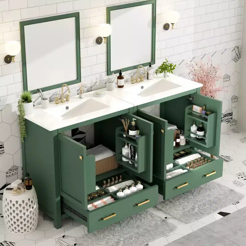 Mobile bagno a doppia lavabo 48 Vintage, con ante a chiusura ammortizzata e ripiano