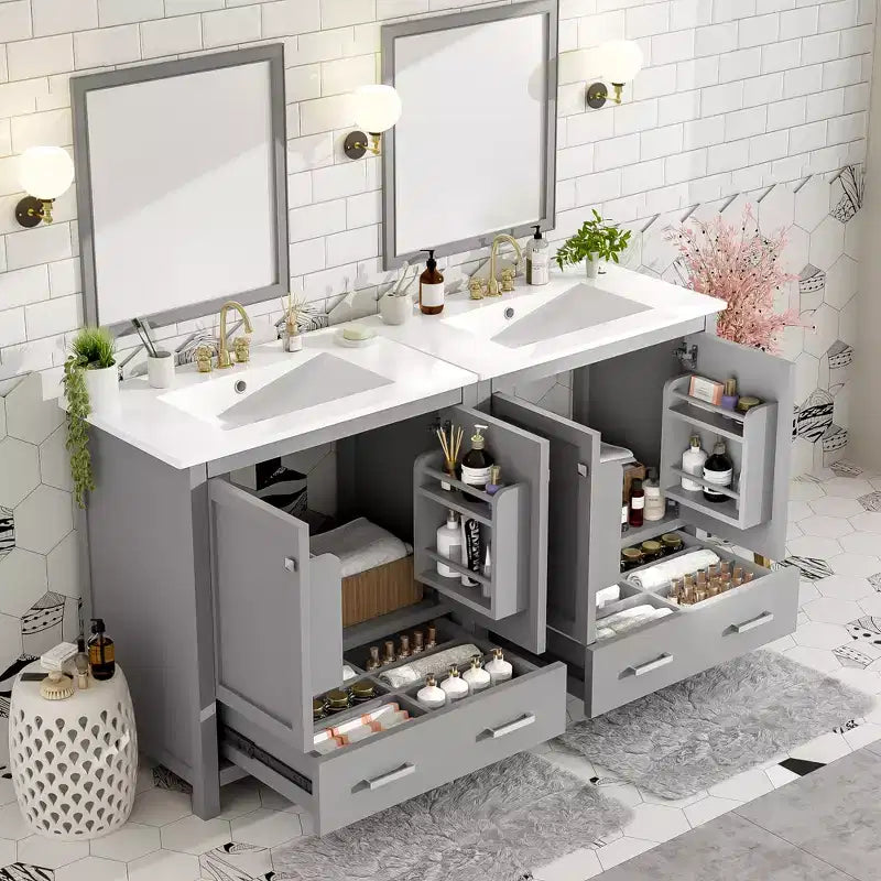 Mobile bagno a doppia lavabo 48 Vintage, con ante a chiusura ammortizzata e ripiano