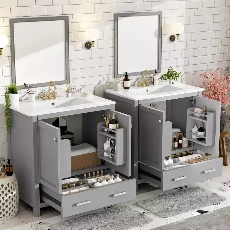 Mobile bagno a doppia lavabo 48 Vintage, con ante a chiusura ammortizzata e ripiano