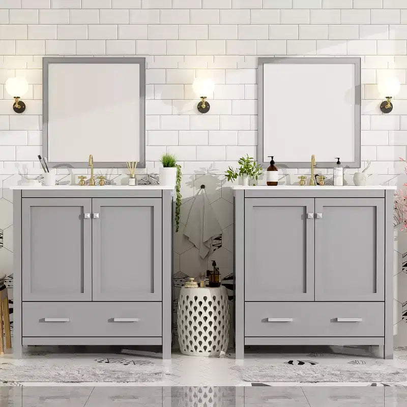 Mobile bagno a doppia lavabo 48 Vintage, con ante a chiusura ammortizzata e ripiano