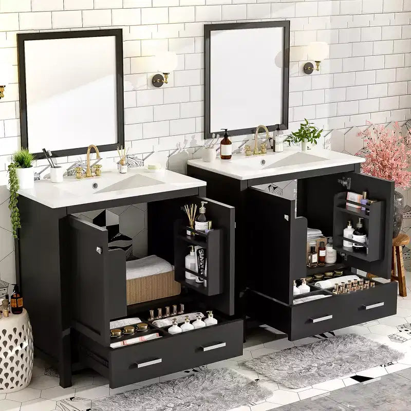 Mobile bagno a doppia lavabo 48 Vintage, con ante a chiusura ammortizzata e ripiano