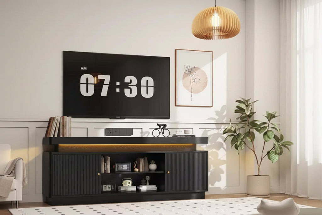 Mobile porta TV moderno da 63 pollici con prese di corrente, ripiano regolabile e contenitore, console multimediale per soggiorno